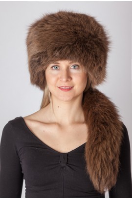 Brown fox fur hat with tail